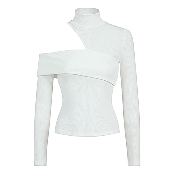 SOLD- NWT Commense White Assymetrical Cutout Mock Neck Long Sleeve Ribbed Top - Picture 3 of 8